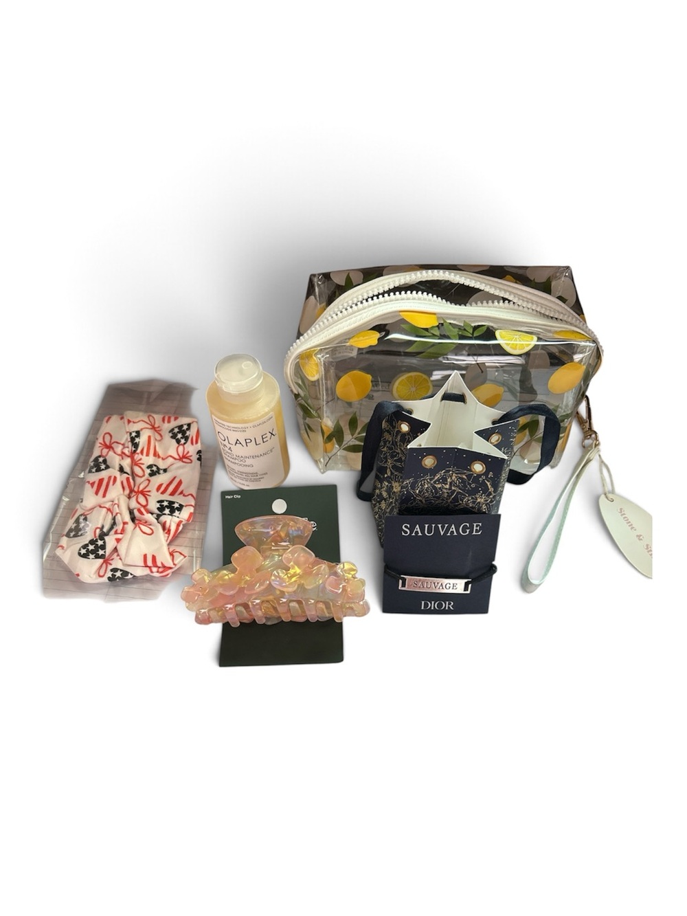 Clear Lemon Print Travel Cosmetic Bag with goodies